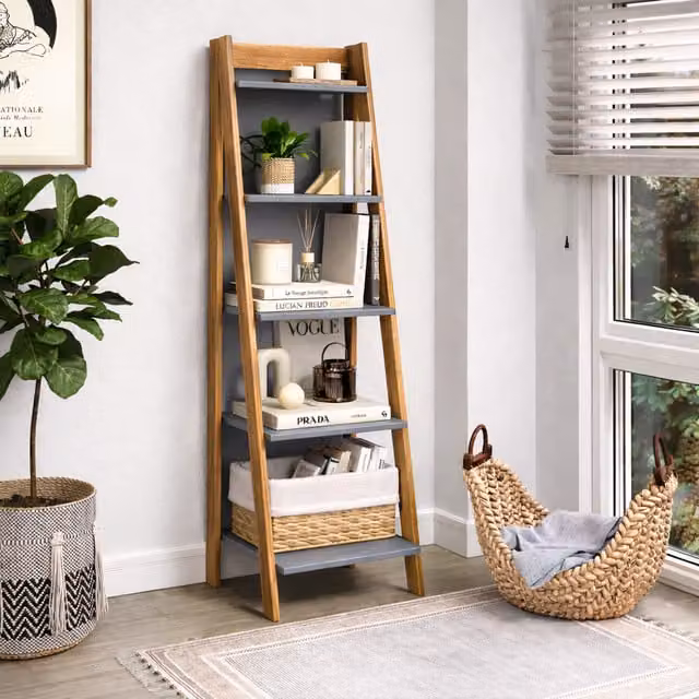 Mercers Furniture Corona Grey Solid Pine Wood Ladder Bookcase with Open Back Display