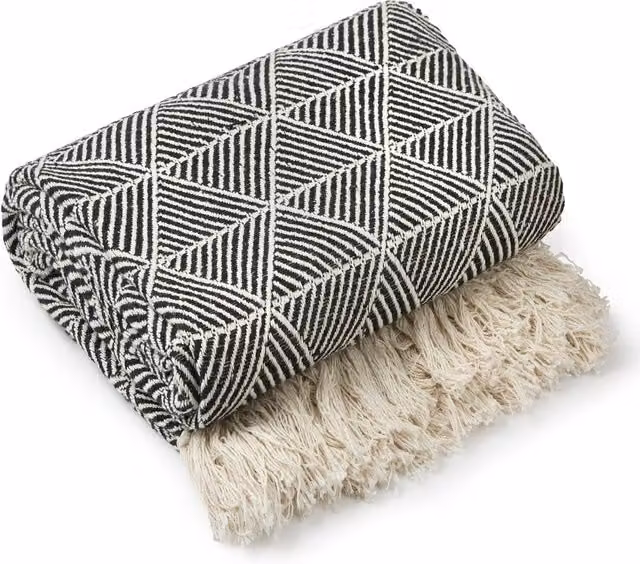 Emma Zahra Woven Cotton Geometric Boho Throw in Black, Ochre and Ivory, W/D/H: 130 x 150 cm