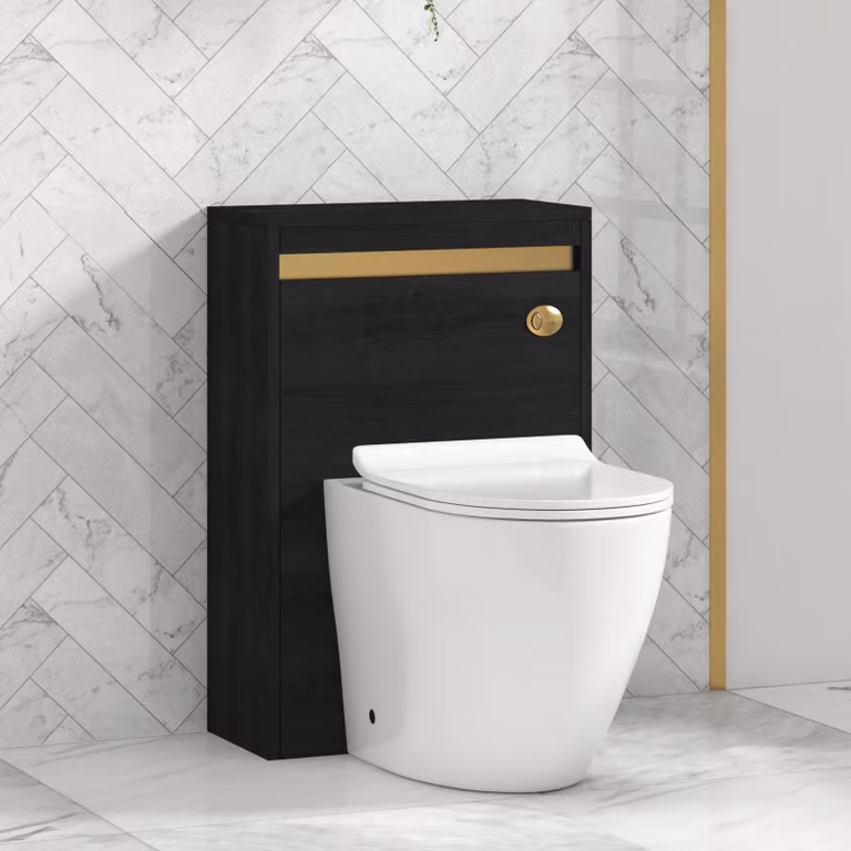 Royal Bathrooms Orion Hale Black BTW WC Unit with Elva Rimless Toilet Pan, Slim Seat and Cistern, Brushed Brass Accent Trim, Width: 54 cm
