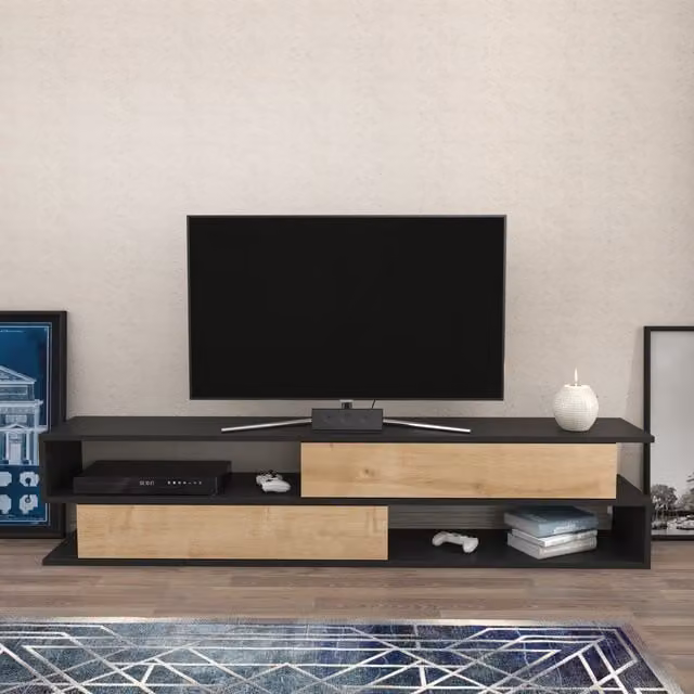 Decorotika Cortez Modern Geometric TV Unit in Anthracite and Turquoise Matt Wood Finish, Width: 160 cm