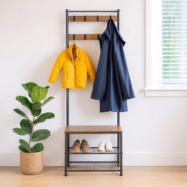 Harbour Housewares Industrial Hall Tree with Shoe Storage Bench and Coat Rack in Brown