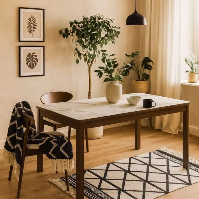 Wyld Haus Cork Rectangular Dining Table with Beige Matt Ceramic Top and Oak Veneer Base, W: 180 cm, D: 90 cm, H: 75 cm – 1