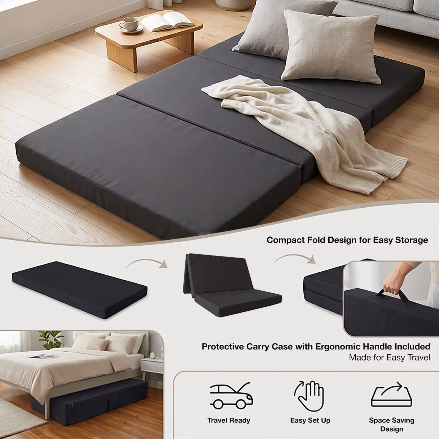 Rest Relax Badenia Visco Therapy Tri Folding Futon Mattress with Removable Cover, Black, W/D/H: 120 x 200 x 8 cm – 3
