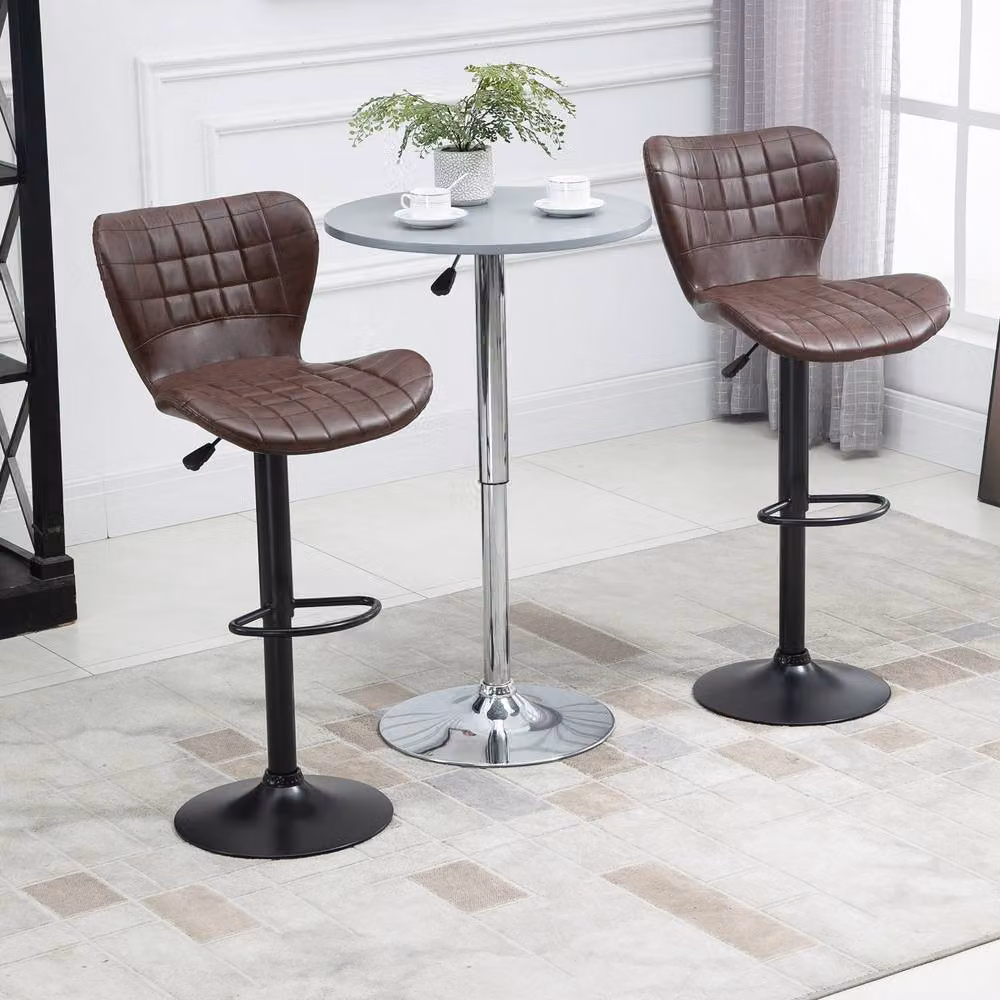 ERGOVEXA Set of 2 Adjustable Height Swivel Bar Stools in Brown PU Leather – 3