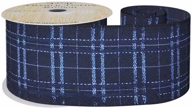 KDMD Navy Wired Ribbon with Metallic Check Details, Width: 6.3 cm, Length: 9 yards