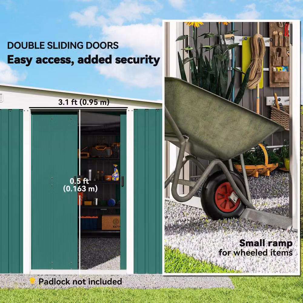 Rolipo Green Metal Pent Garden Shed with Sliding Doors and Side Vents – 5