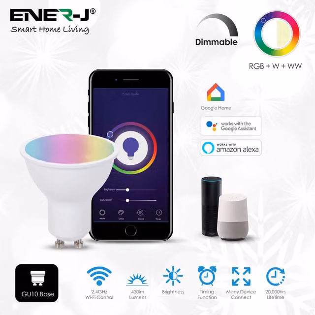 Enerjsmart Smart WiFi GU10 RGBW LED Lamp, 5W, Dimmable, Multicolour