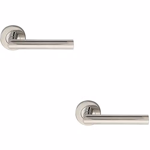 Loops Pair of Straight Mitred Bar Door Handles on Round Rose in Polished Stainless Steel, Silver, Concealed Fix