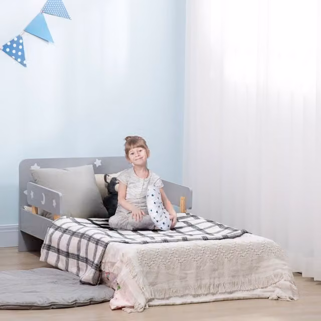 ZONEKIZ Single Kids Bed Frame with Star and Moon Patterns in Grey