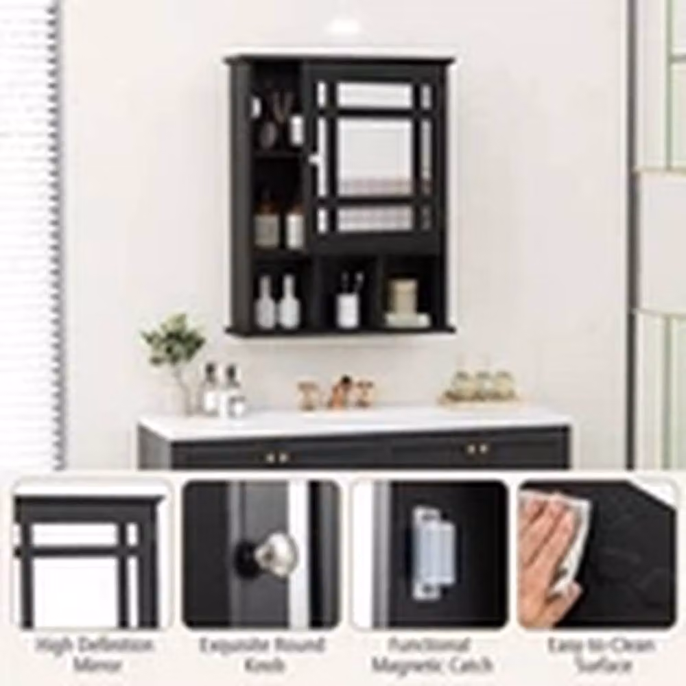 EONLION Wall-Mounted Black Bathroom Storage Cabinet with Mirror Doors and Internal Shelves, W/D/H: 60.0 x 10.0 x 48.0 cm – 3