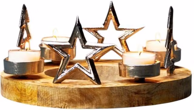 Four Candle Silver Star and Tree Tealight Holder with Rustic Wooden Base – 1