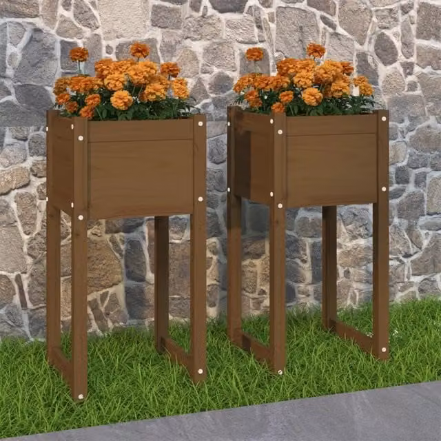 Berkfield Home Set of 2 Brown Wooden Pine Planters, W/D/H: 40 x 40 x 81 cm