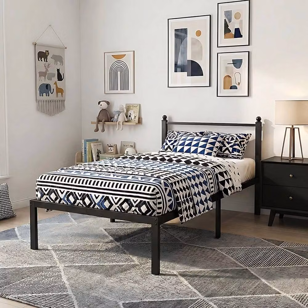 VOGREX Single Metal Bed Frame with Headboard, Black, W/D/H: 90 x 190 x 75 cm – 2