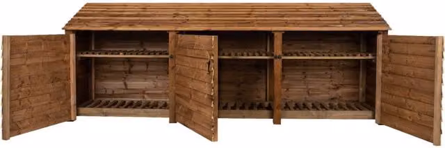 Arbor Garden Solutions Triple Bay Wooden Log Store with Door and Kindling Shelf, Brown, Width: 126 cm