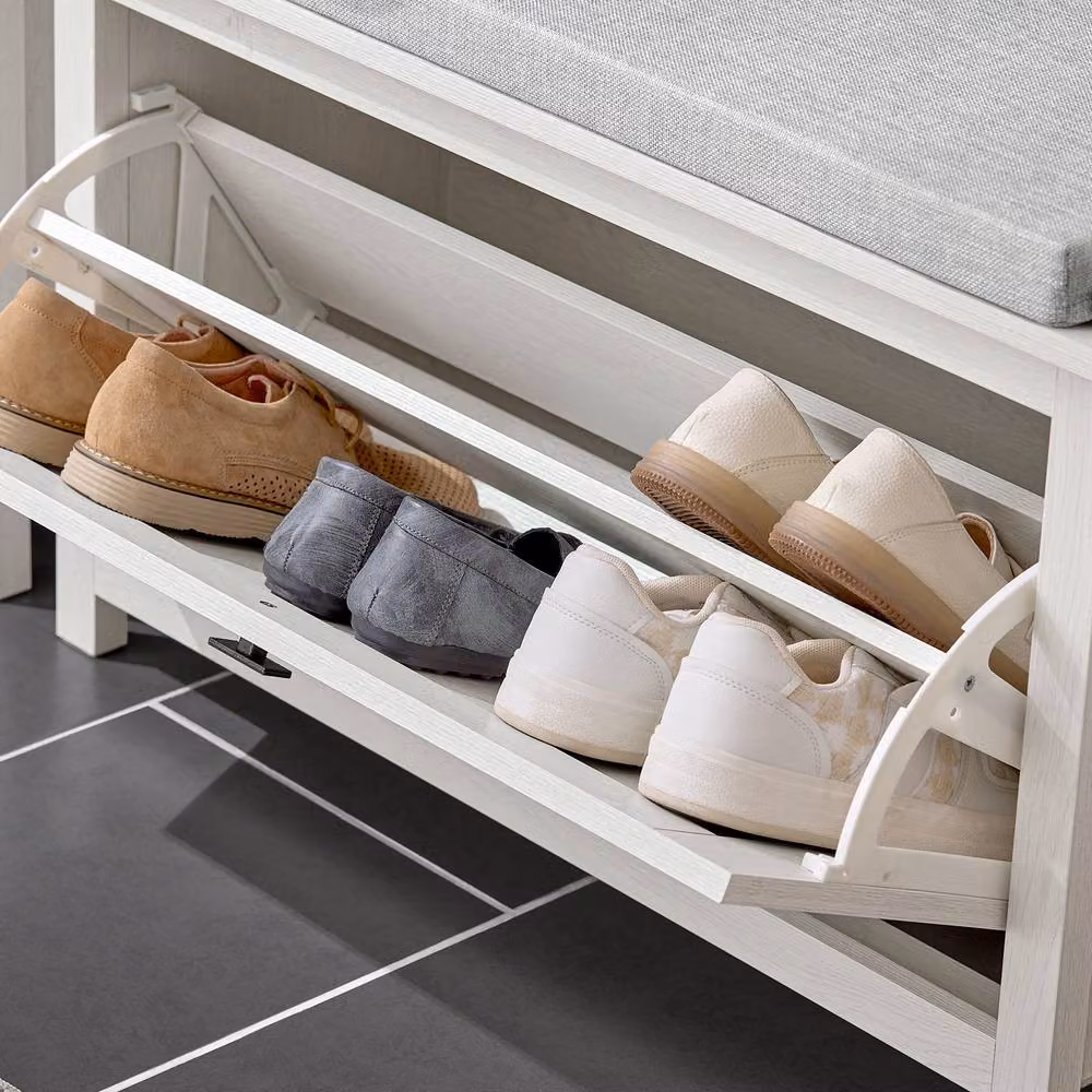 SoBuy Modern Entrance Shoe Bench with Lift-Up Storage and Padded Fabric Seat in White and Grey – 4