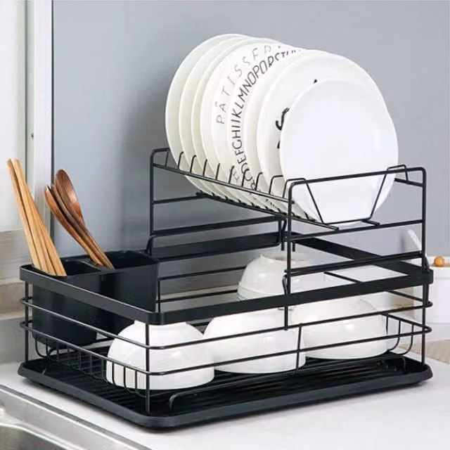 EONLION 2 Tier Black Metal Dish Drainer Rack with Cutlery Holder and Drip Tray – 1
