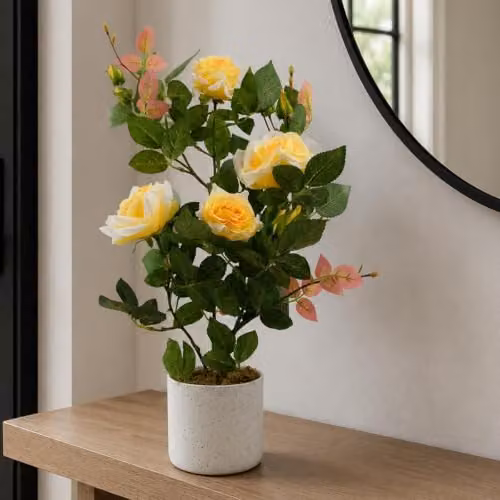 Leaf Design UK Potted Artificial Yellow Rose Plant, 50 cm – 2