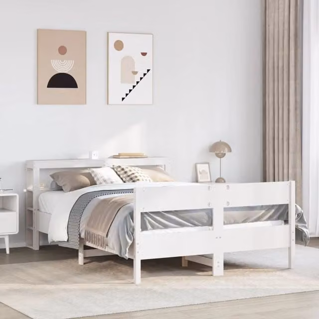 Berkfield Home Small Double Bed Frame in White Solid Pine Wood with Side Compartments, W/D/H: 120 x 200 cm