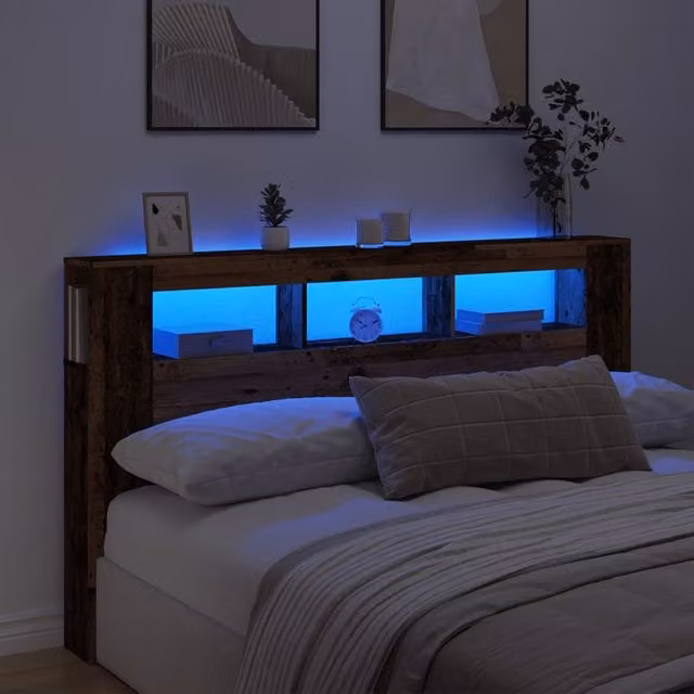Berkfield Home Modern LED Headboard in Brown Engineered Wood with Integrated Lighting, Shelf and USB Charging Port, W/D/H: 180 x 18.5 x 103.5 cm – 1