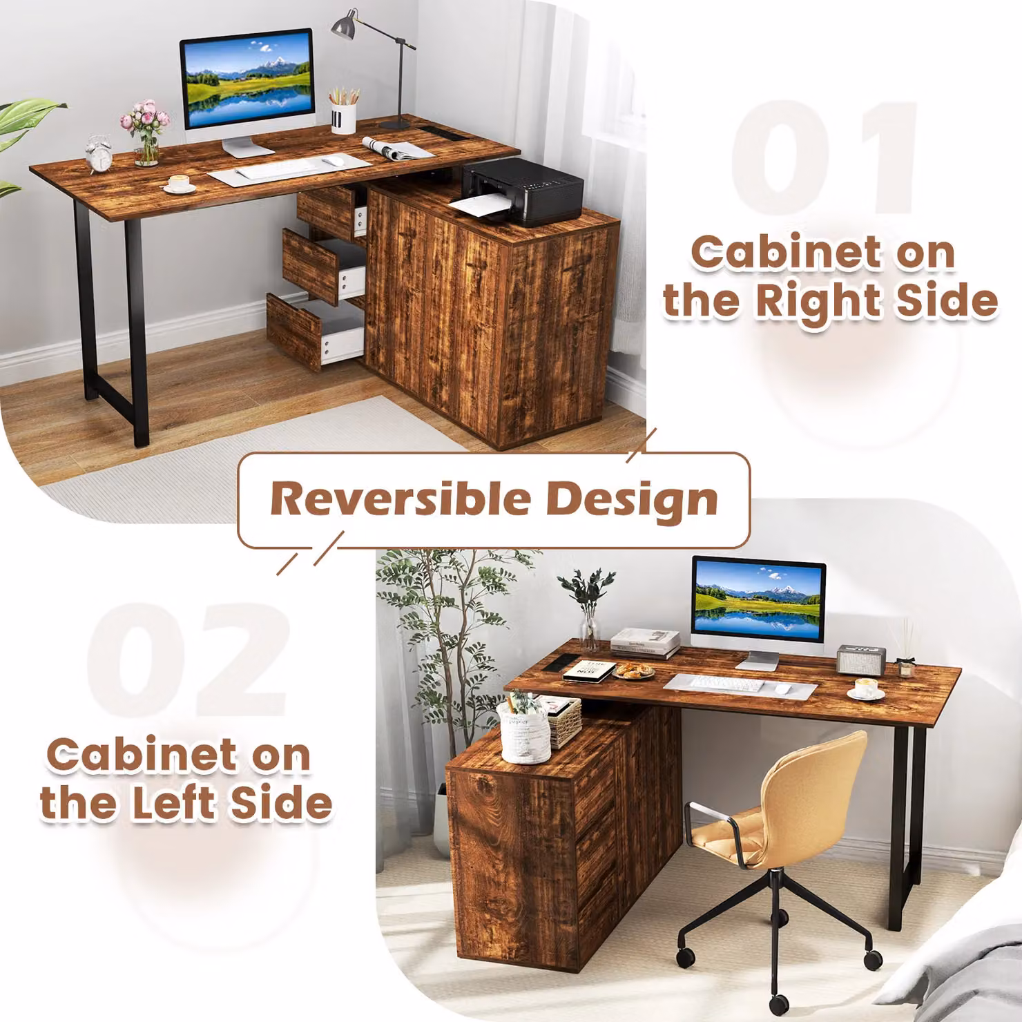 Costway L-Shaped Reversible Corner Computer Desk and Workstation in Brown – 3