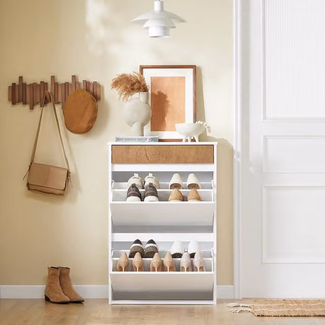 SoBuy Slim Scandinavian Shoe Cabinet in White with Tilting Compartments and Drawer – 1