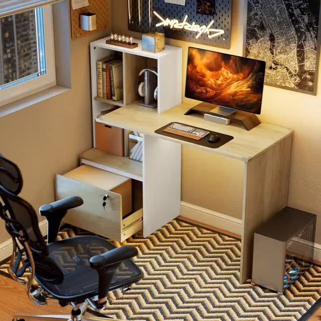HOMCOM Modern Computer Desk with Lockable File Drawers in Oak Wood Effect