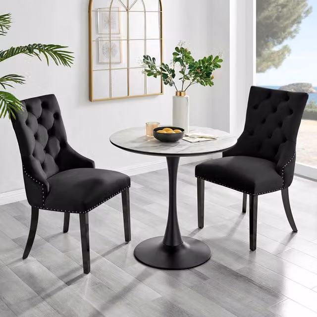 FurnitureboxUK Elina White Marble Effect Round Dining Table and 2 Belgravia Black Velvet Chairs