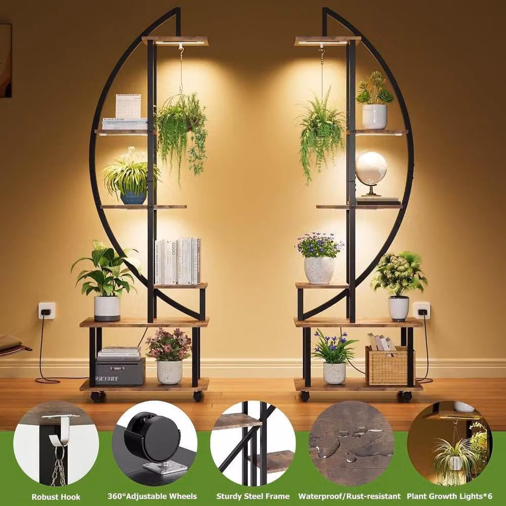 London Boutique 6-Tier Rolling Plant Stand with LED Grow Lights in Brown – 4