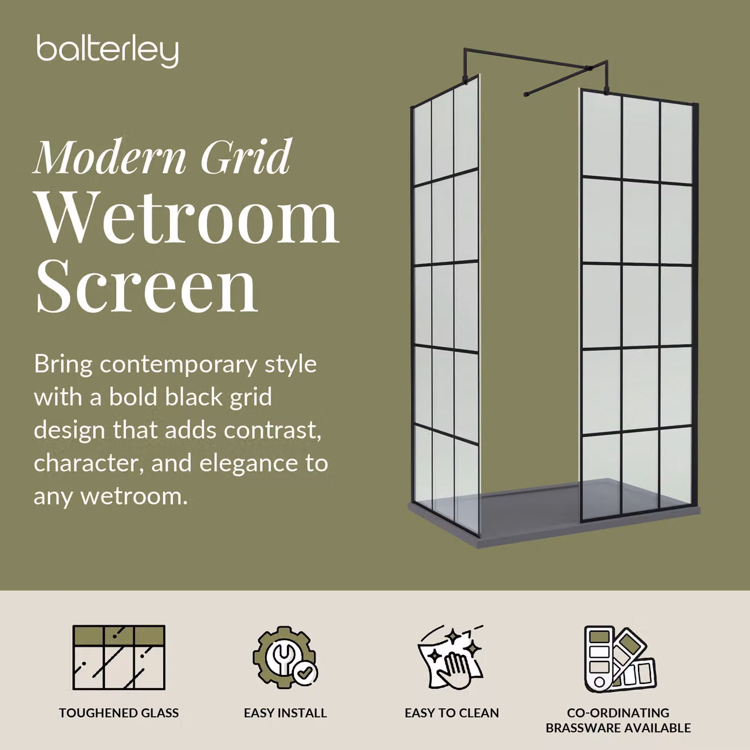 Balterley 8mm Glass Walk-In Wetroom Screen and Tray Set, Black and Grey, W: 1200 mm, D: 800 mm – 2