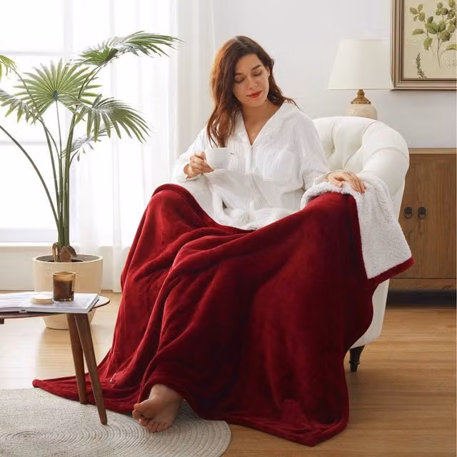 Livingandhome Red Flannel Electric Heated Blanket Throw