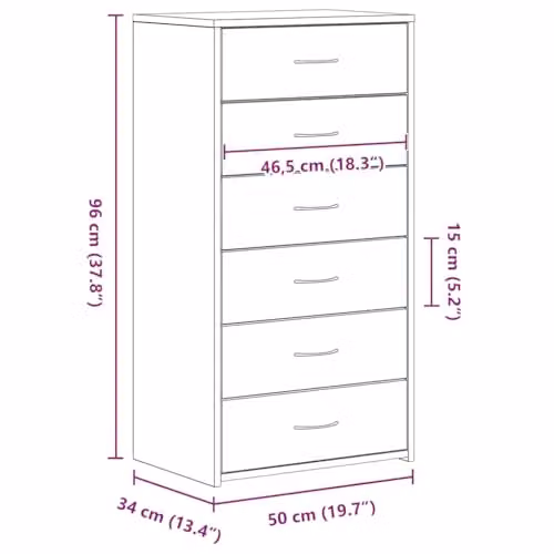 vidaXL Modern Sideboard with 6 Drawers in Black Oak, W: 50 cm, D: 34 cm, H: 96 cm – 3