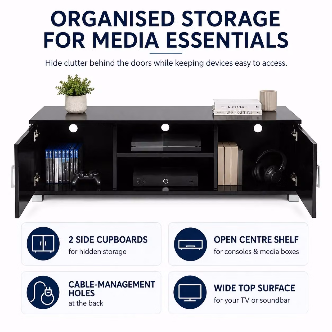 Moderna Black Gloss TV Stand Cabinet with Integrated LED Lighting and Media Compartments – 2