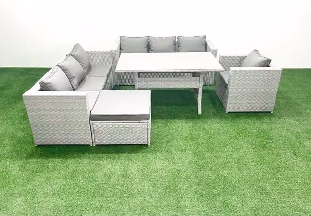 Fimous 5-Piece Outdoor Rattan Sofa Set with Dining Table in Light Grey Mixed Rattan and Dark Grey Fabric
