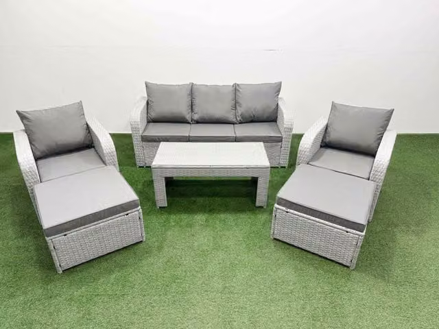 Fimous PE Rattan Garden Furniture Set in Light Grey with 3-Seater Sofa, 2 Reclining Armchairs, Rectangular Coffee Table and 2 Ottomans