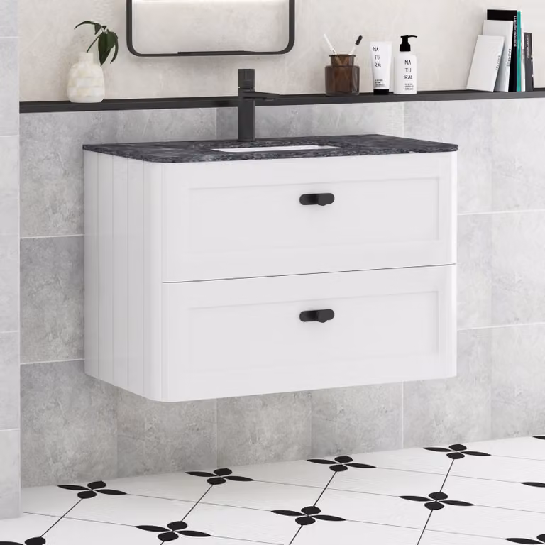Royal Bathrooms Henley Gloss White 2 Drawer Wall Hung Bathroom Vanity Unit with Optional Basin and Undrilled Worktop