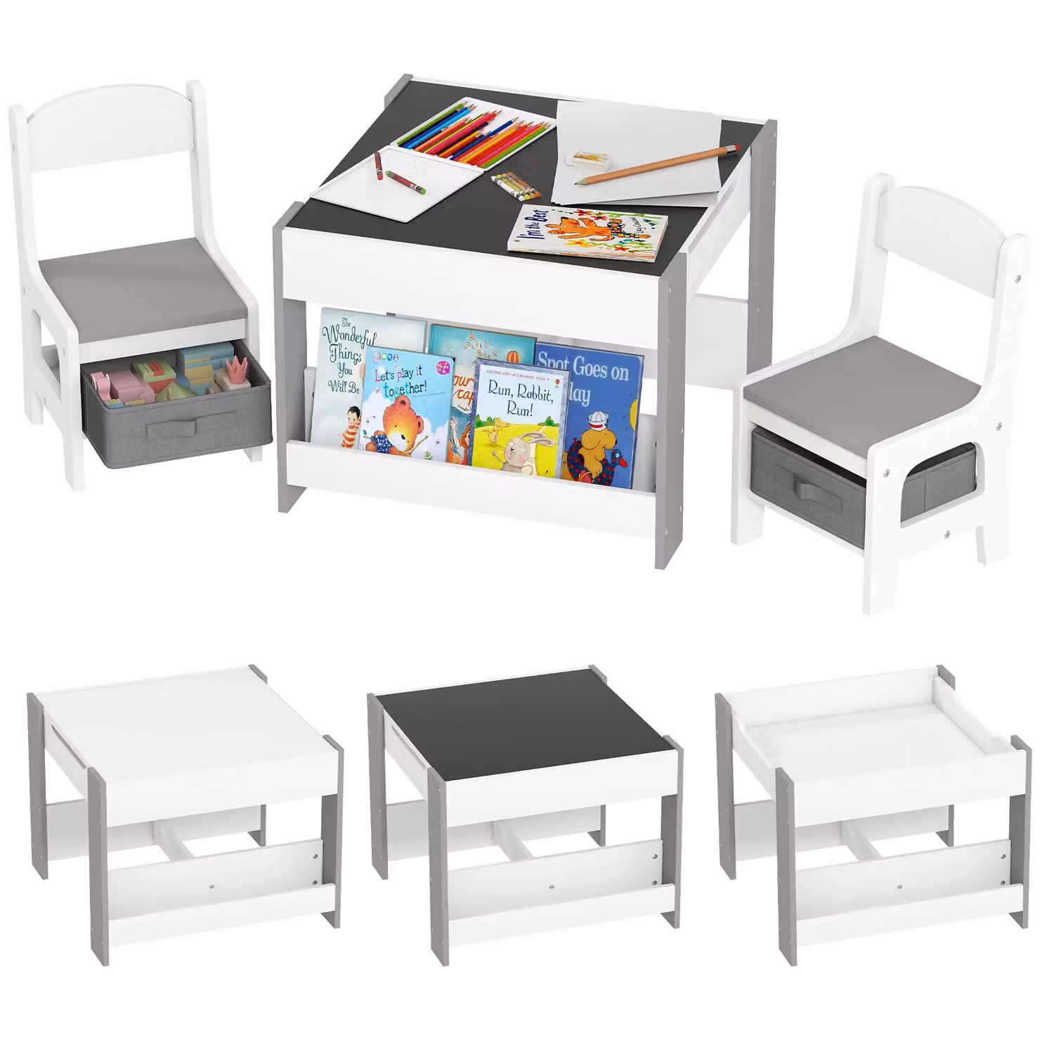 HOMCOM 3-Piece Kids Table and Chair Set in Grey and White – 2