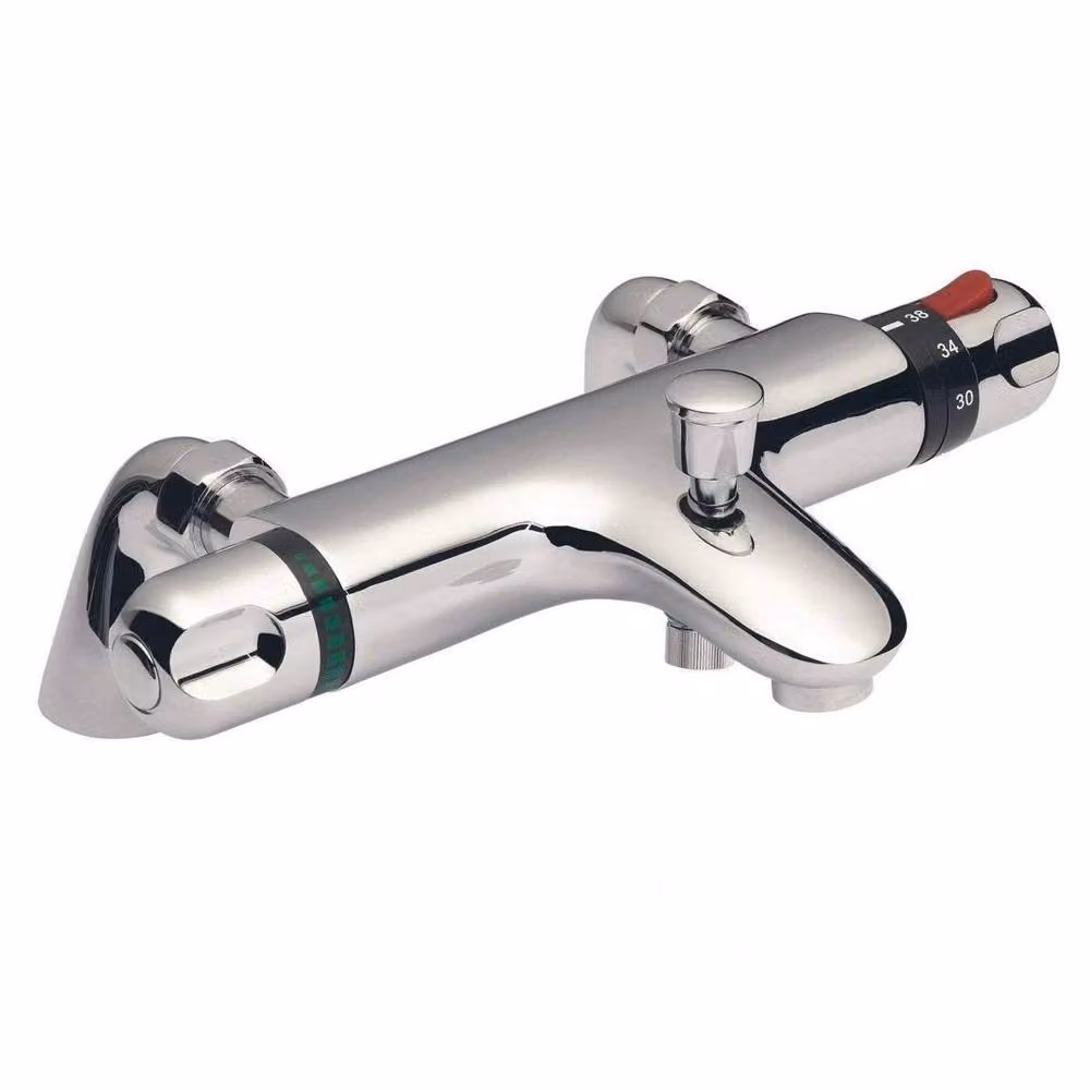 FLAVORA Chrome Thermostatic Deck Mounted Bath Mixer Valve with Shower Set in Metallic Silver – 2