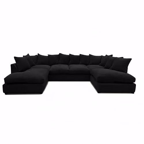 Bliss Furniture Jumbo Cord U-Shaped Scatter Back Sofa in Black with Removable Covers and Scatter Cushions