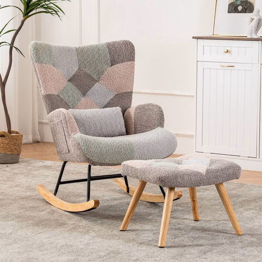 Rolipo Multicolour Fabric Wingback Rocking Chair with Ottoman and Pillow – 3
