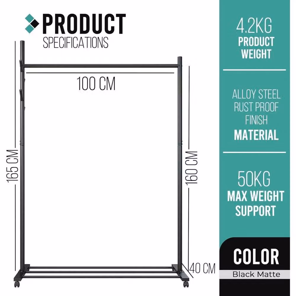 PAWNORA Matt Black Metal Clothes Rail with Wheels – 2