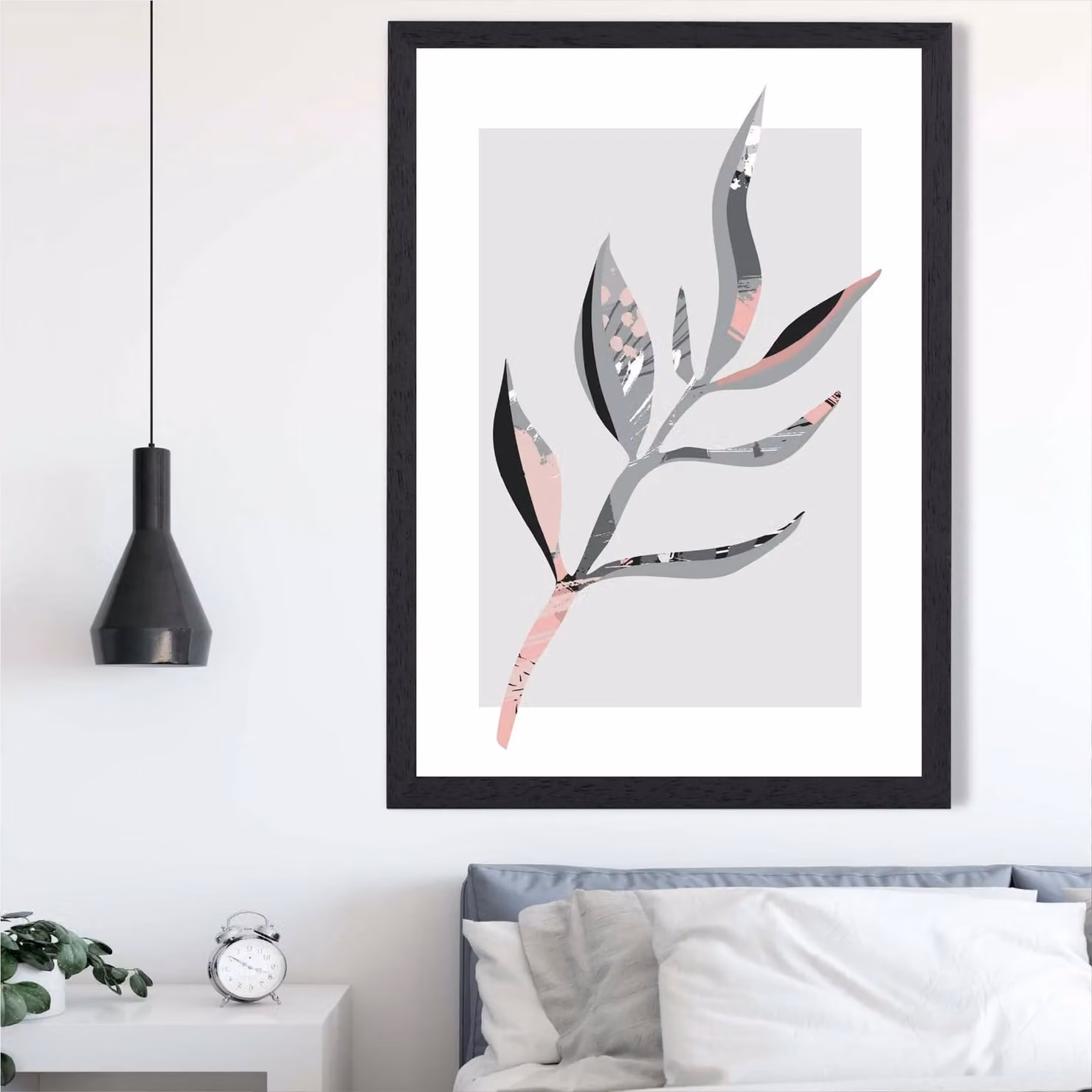 ARTZE Papyrus Leaf Grey and Pink Boho Botanical Framed Print with Black Frame – 2