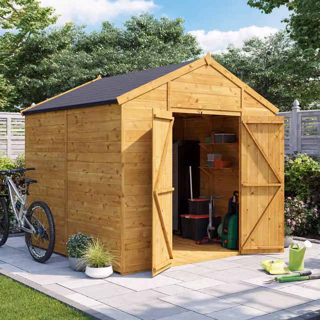 BillyOh Rustic Brown Wooden Apex Workshop with Double Doors and Floor, W: 243.84 cm, D: 243.84 cm, H: 182.88 cm