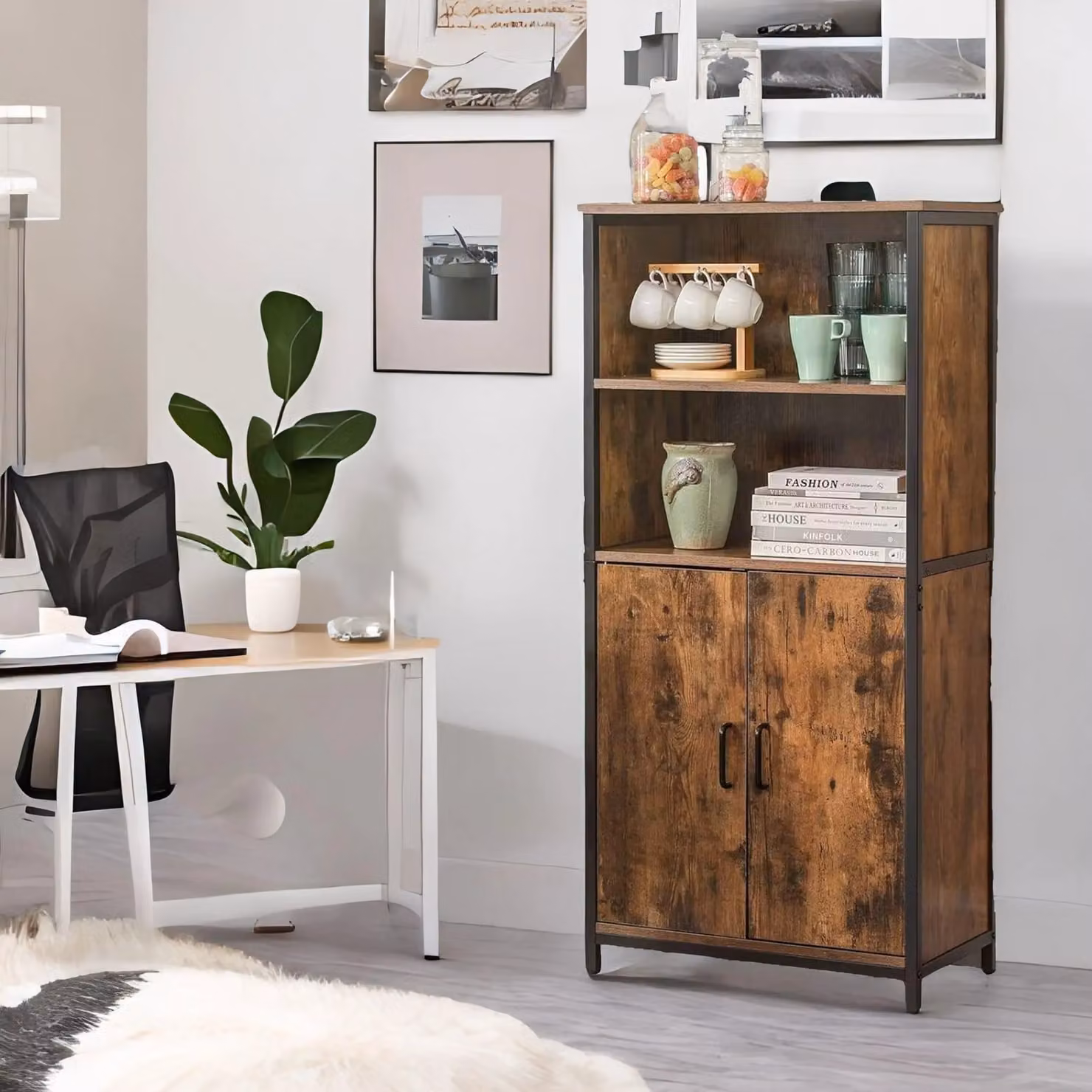 FURNOS Industrial Multipurpose Kitchen Sideboard Buffet Cabinet in Brown with 2 Open Shelves and Hinged Doors, W/D/H: 125 x 35 x 60 cm – 2