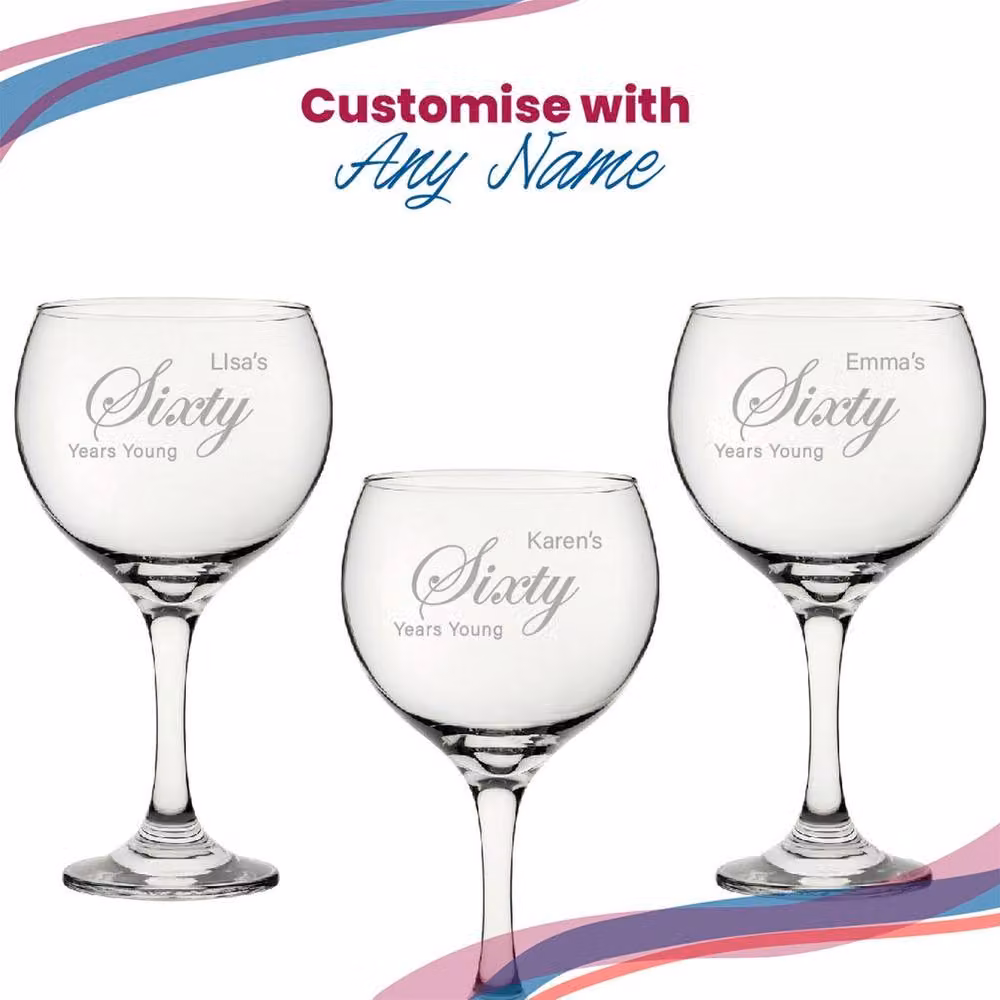 Uniqueful Personalised Engraved 60th Birthday Cubata Gin Cocktail Glass in Clear with Silver Finish – 3