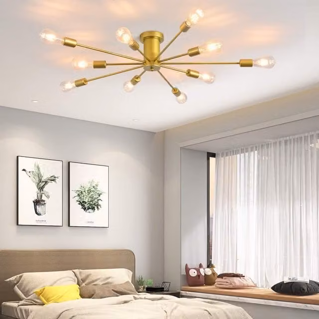 Garwarm 10-Light Sputnik Chandelier Industrial Semi Flush Mount Ceiling Light in Gold/Brass
