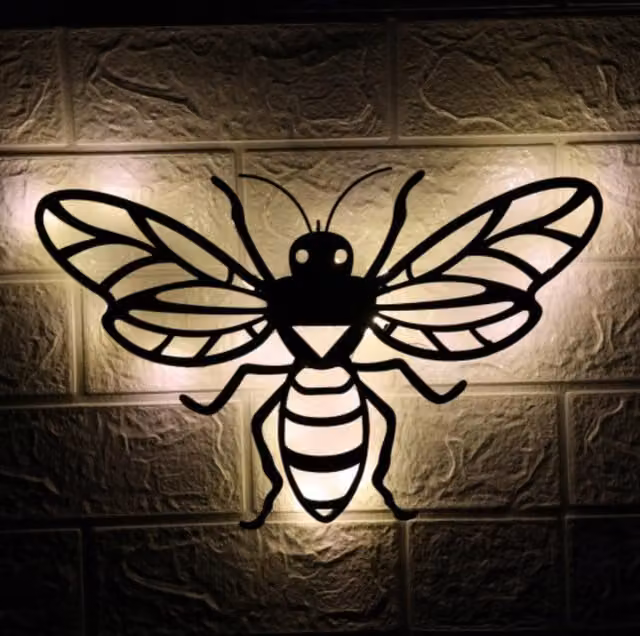 Betley Butterfly and Bee Solar Backlit Wall Art in Black, W/D/H: 34.5 x 34.5 x 5.0 cm