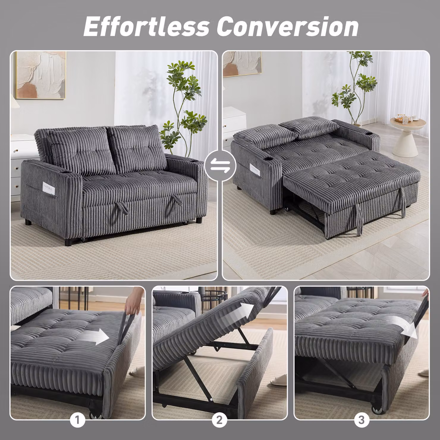 HOMCOM 2 Seater Click Clack Sofa Bed with Corduroy Upholstery and Metal Frame, Grey – 4