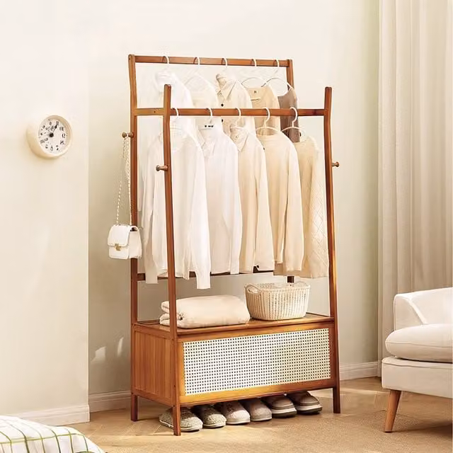 Komore Minimalist Wooden Clothes Rail with Continuous Linear Rail in Brown