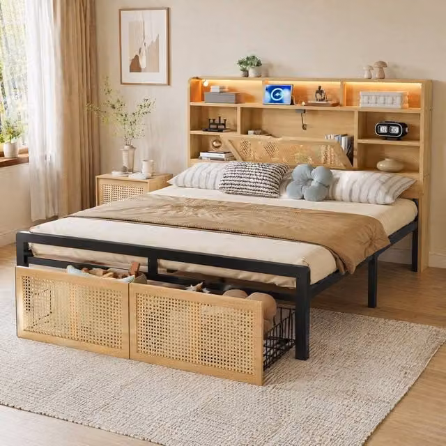 STILVORA 4ft6 Double Bed with LED Lighting, USB Charging Port and Drawers in Beige, W/D/H: 140 x 200 x 137.16 cm