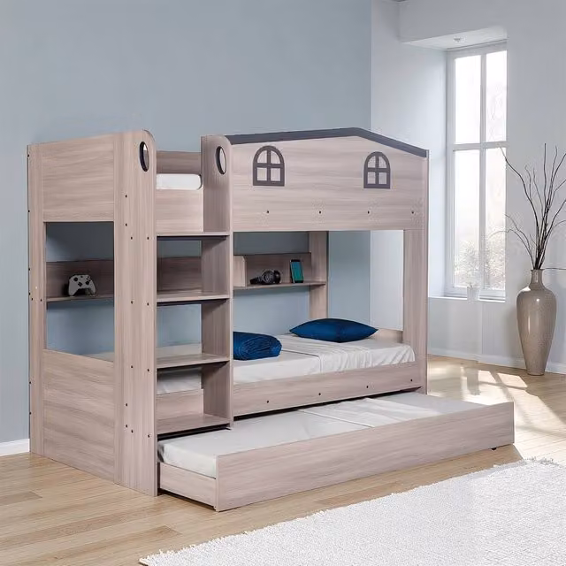 Seconique Hector Single Bunk Bed and Trundle Set with Stairs and Storage in Grey